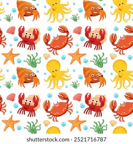 Seamless pattern with various sea creatures