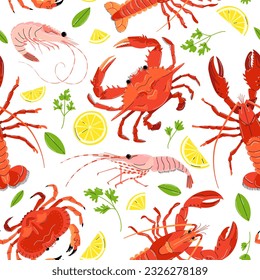 Seamless pattern with various seafood : crab, lobster, shrimp. Trendy vector illustration in cartoon style. 