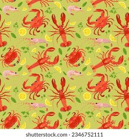 Seamless pattern with various seafood : crab, lobster, shrimp. Trendy vector illustration in cartoon style. 