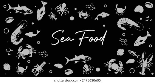 Seamless pattern with various seafood. Illustration of fish, shellfish and crustaceans.