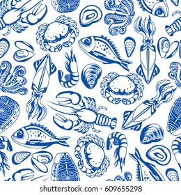 Seamless pattern with various seafood. Illustration of fish, shellfish and crustaceans.