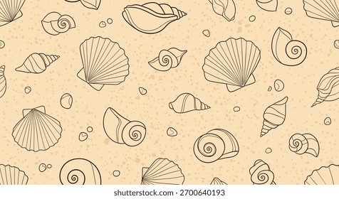 Padrão contínuo de várias conchas e pequenos seixos em um fundo texturizado arenoso, evocando uma praia, oceano ou tema costeiro.