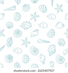Seamless pattern of various seashells and starfish in light blue outlines on a white background, often used for backgrounds, textiles, and other decorative purposes. 