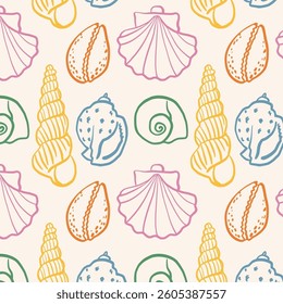 Seamless pattern with Various Seashells.Summer, vacation, ocean, beach concept. Design elements for trendy prints, label, background, wrapping paper