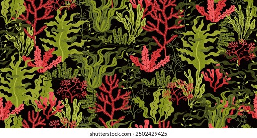 A seamless pattern of various seaweeds in green and red hues on a black background. Detailed vector illustration depicting different types of seaweeds with wavy and intricate designs.