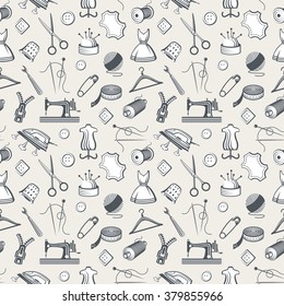 seamless pattern with various sewing and needlework equipment