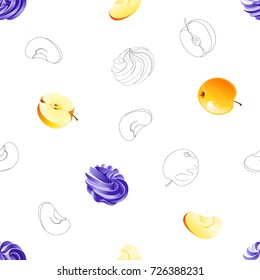 Seamless pattern with various shape and slope hand drawn outline and volume image of orange apple and blue, violet swirl meringue (zephyr, marshmallow)