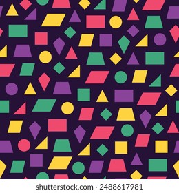 seamless pattern of various shapes in various colors on a black background