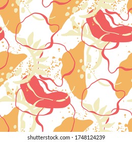 Seamless pattern with various shapes, doodle objects, botanical elements. Abstract modern trendy vector background. Stamp texture.  Ideal for fabrics, textiles, wrapping, poster,cover.