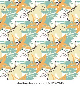 Seamless pattern with various shapes, doodle objects, botanical elements. Abstract modern trendy vector background. Stamp texture.  Ideal for fabrics, textiles, wrapping, poster,cover.