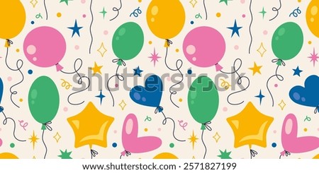 Seamless pattern with Various shapes Inflatable helium balloons and stars. Bright Festive party decor. Trendy modern vector illustration on light background, hand drawn, flat design
