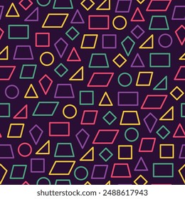 seamless pattern of various shapes, outline areas of various colors on a black background