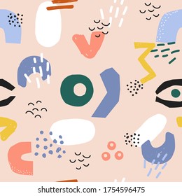 Seamless pattern with various shapes. Trendy abstract print. Vector hand drawn illustration.