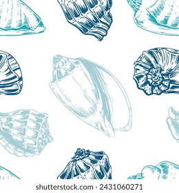 Seamless pattern of various shells. Houses of marine inhabitants. Marine background in outline style. Vector illustration for textile design, background, packaging
