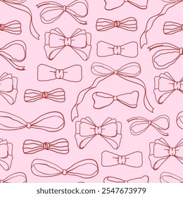 Seamless pattern with various silhouette bow knots. Trendy hair braiding accessory. Editable vector illustration for wrapping paper, packaging, fabric, wallpaper, phone case etc. 