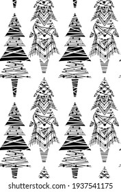 Seamless pattern of various simple lagom fir trees with hatching and toys. Hand drawn pencil Christmas trees. Vector festive ink texture for fabrics, wrapping paper and your creativity