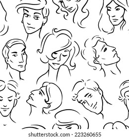 Seamless pattern with various sketchy people faces. Vector seamless texture for wallpapers, pattern fills, web page backgrounds