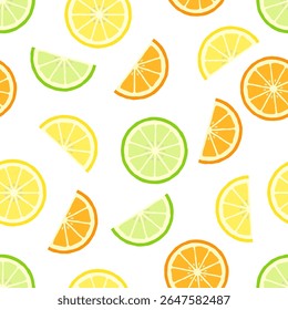 Seamless pattern of various sliced citrus fruits including lemons, oranges, and limes,  on white background. Often used for various decorative purposes.
