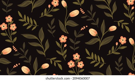 Seamless pattern with various small flowers, leaves, herbs. Delicate floral print with small pink flowers, green leaves on a dark brown background. Modern design. Vector.