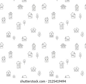 Seamless pattern of various small tiny houses and trees. Hand-drawn small town houses set. Line art. Theme of a small town, city planning.