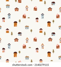 Seamless pattern of various small tiny houses and trees. Hand-drawn small town houses set. Theme of a small town, city planning.