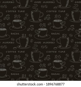 Seamless pattern with various smoking cup of coffee with coffee beans, doodle illustration with handwritten text coffee time, good morning and break, beige drawing on  brown background, eps 10 vector