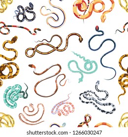 Seamless pattern with various snakes or serpents on white background. Backdrop with exotic wild reptile animals. Colored vector illustration in flat style for wrapping paper, textile print, wallpaper.