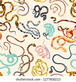 Seamless pattern with various snakes or serpents on light background. Backdrop with dangerous exotic reptiles. Colorful vector illustration in flat style for wrapping paper, fabric print, wallpaper.