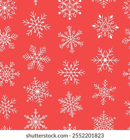 Seamless pattern of various snowflakes on red background