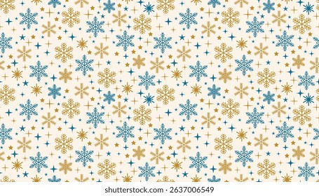 Seamless pattern with various snowflakes and twinkling stars in flat cartoon style. A festive and cozy winter design perfect for Christmas wrapping, backgrounds, and seasonal projects.
