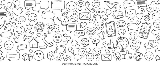 Un patrón perfecto de varios iconos de redes sociales, emojis y símbolos de comunicación en un estilo de arte doodle.