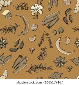 Seamless pattern of various spices.Vector cartoon illustration. Stock illustration. Design for wallpaper, background, fabric, textile, cafe, restaurant, resort, packaging.