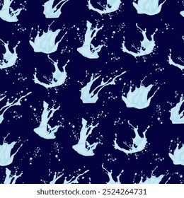 Seamless pattern of various splashes of water interspersed with blue color on a dark background for textiles and packaging. Vector illustration