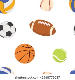 Seamless pattern with various sports balls, basketball, volleyball, football, soccer, tennis, baseball, and rugby. Colorful flat design on a white background, perfect for sports-themed textiles.