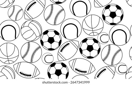 Seamless pattern of various sports balls, soccer, basketball, volleyball, baseball, tennis, and rugby. Ideal for sports,themed,wallpaper,cover,backgrounds, kids prints, and digital designs.