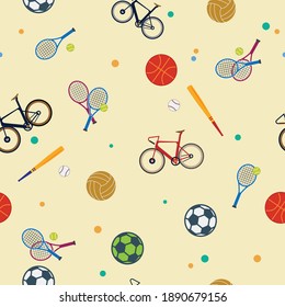 Seamless pattern with various sports equipment. Fabric Backdrop for childish t shirt, clothes, paper, wallpaper and other. Vector design.