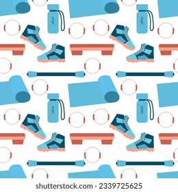 Seamless pattern. Various sports equipment. Fitness equipment, gym accessories. Dumbbells, fitness tracker, bag, medal hoop ball Healthy lifestyle