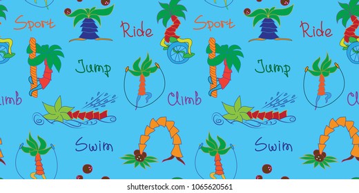 Seamless pattern with various sports exercises (games) performed by palm trees on blue background. Cheerful and funny interpretation of different sports.