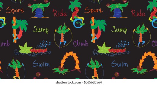 Seamless pattern with various sports exercises (games) performed by palm trees on black background. Cheerful and funny interpretation of different sports.