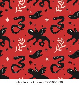 Seamless pattern with various strange creatures, imaginary monsters. Fictional, fantastic animals. Hand-drawn illustration, suitable for printing.