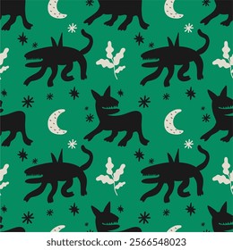 Seamless pattern with various strange creatures, imaginary monsters. Fictional, fantastic animals. Hand-drawn illustration, suitable for printing.