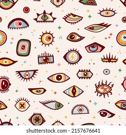 Seamless Pattern with Various Strange Evil and Funny, Comic and Bizarre Eyes. Abstract Doodle Eye Different Shapes in Trendy Psychedelic Weird Cartoon Style. Colorful Background Vector illustration.