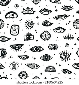 Seamless Pattern with Various Strange Evil and Funny, Comic and Bizarre Eyes. Abstract Doodle Eye Different Shapes in Trendy Psychedelic Weird Cartoon Style. Vector Black and White Background 