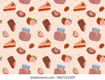 Seamless pattern with various strawberry themed foods, including jam jars, chocolate popsicles, cake slices, and fresh strawberries. Perfect for textile and wallpaper designs