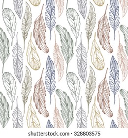 Seamless  pattern from various stylized bird's feathers drawn by hand.Vintage style.Background in vector.