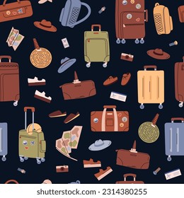 Seamless pattern with various suitcases and travel accessories flat style, vector illustration on dark background. Decorative design for wrapping and packaging, journey, holiday