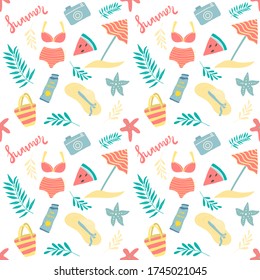 Seamless pattern of various summer elements (hat, beach bag, palm leaves, sea starfish, photocamera, watermelon), vector illustration