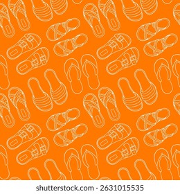 Seamless pattern of various summer sandals in line art style on orange background. Perfect for fashion textile, beach accessories packaging and warm weather promotional design.