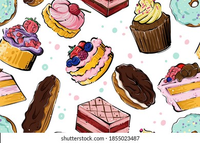 Seamless pattern of various sweet pastry, color vector