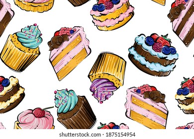 Seamless pattern of various sweet pastry, vector